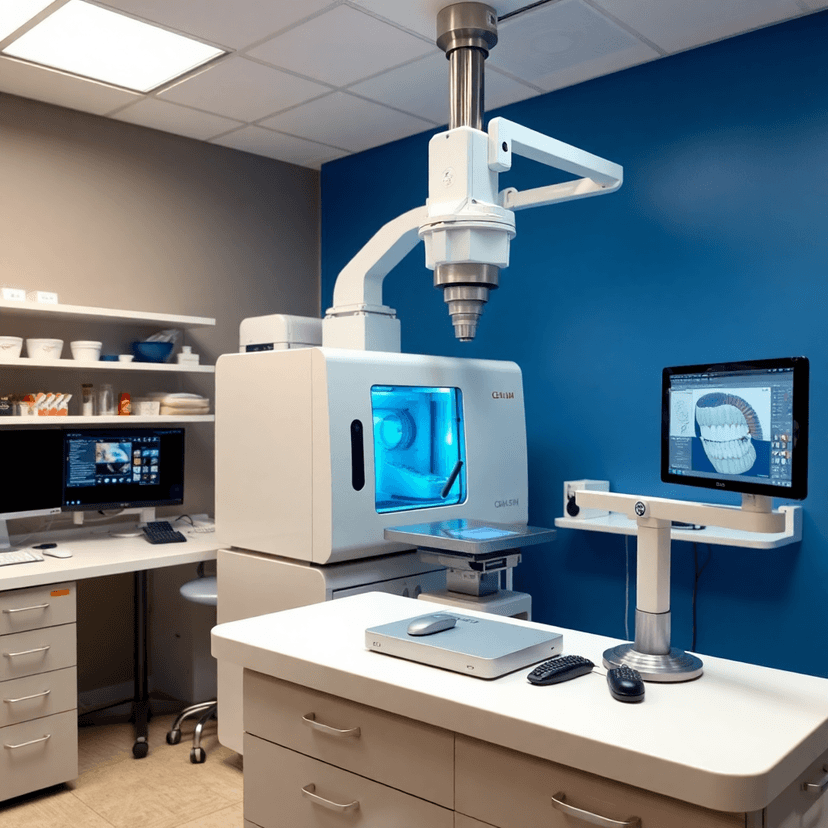dental laboratory equipment, CAD/CAM machine, dental lab workspace, milling machine